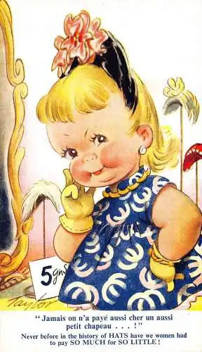Bamforth Kinder Comic Humor Mädchen im Hüteladen So viel für so wenig Postkarte
