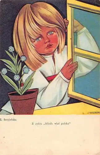 Art Girl near Window and Vergissmeinnicht Flowers Pot by Zofia Stryjenska Postkarte