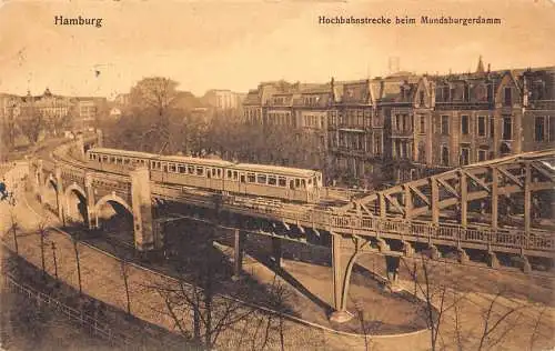Deutschland Hamburg 1912 Hochbahnstrecke beim Mundsburgerdamm Zug Postkarte