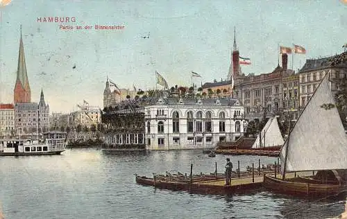 Deutschland Hamburg 1908 Partie an Binnenalster Flaggen Boote Vintage Postkarte