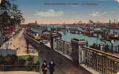 Deutschland Hamburg 1918 Vorsetzen mit Hafen und Hochban Dampfschiffe Zug Postkarte