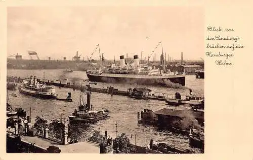 Deutschland Hamburg Hafen Blick vom Landungsbrücken Dampfschiffe Postkarte