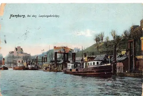 Deutschland Hamburg 1908 Bei den Landungsbrücken Dampfschiff Vintage Postkarte