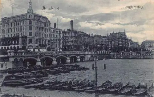 Deutschland Hamburg 1905 Jungfernstieg Boote Brücke Vintage Postkarte