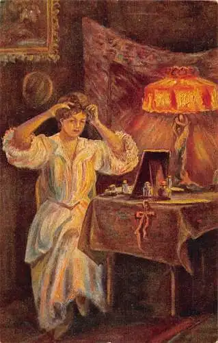 B102 Kunst 1920 Frau macht Abendtoilette von Rammelt Buerger Vintage Postkarte