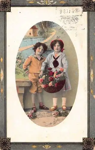 B102 Passepartout 1911 Kinder in Matrosenähnlichen Kostümen Rosen Korb Postkarte