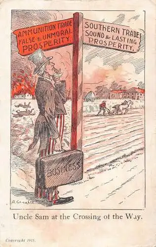 B101 Patriotic 1913 Uncle Sam at the Crossing of the Way US Road Sign Postkarte