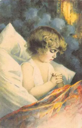 B102 Morgengebet Baby Mädchen betet im Bett am Morgen Kunst Vintage Postkarte