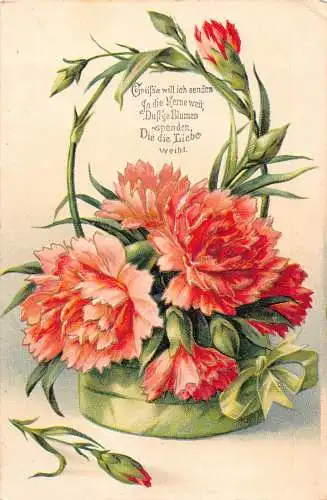 B102 Liebesgrüße 1909 Chrysantheme im Bandkorb geprägte Postkarte