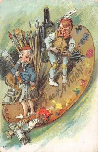 B103 Neujahr 1907 Wichtel scherzen auf Gemälde Palette Getränk Prägepostkarte