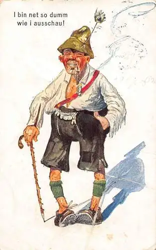 B103 Karikatur 1902 Deutscher hässlicher Mann in Volkstracht Pfeifenpostkarte