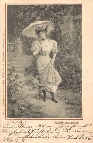 B103 Kunst 1902 Frühlingsschauer Frau im Regen umarmt von Cherub von Zatzka Postkarte