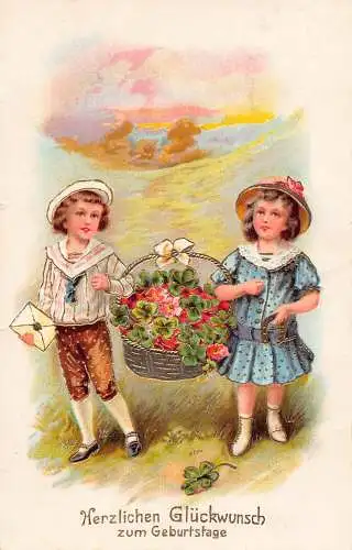 B103 Geburtstagsgrüße 1926 Kinder fürsorglich Blumenkorb Kleeblatt Postkarte