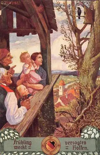 B103 Frühling Schneeglöckchen Familie bewundert Vogel in der Nähe von Nestpfeife Rauch Kinder Postkarte