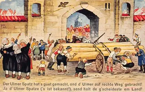 B104 Der berühmte Ulmer Schwalbenvogel 1928 Comic Humor Männer Holz Wagen Tor Postkarte