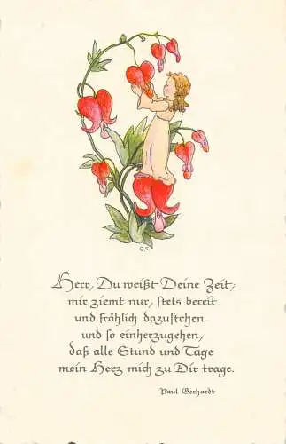 B104 Gedicht von Paul Gerhardt Fee kümmert sich um Blumen Kunst Vintage Postkarte