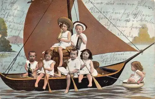 B104 Comic Humor 1907 Kinder Matrosen trinken Ruderboot Töpfchen Boot Postkarte
