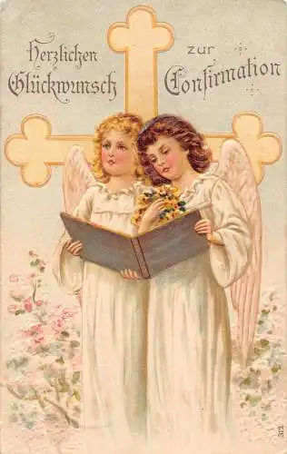 B103 Konfirmationsgrüße 1908 Engel lesen Blumen Kreuz geprägt Postkarte
