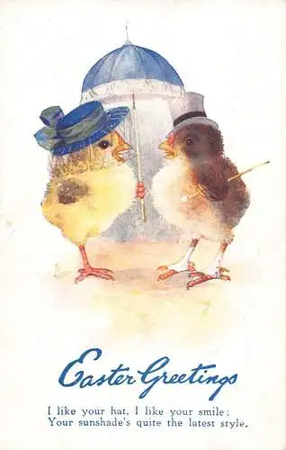 B103 Ostergrüße Humanisierte Küken als Herr und Dame Vintage Postkarte