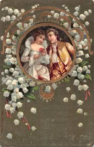 B104 Liebesromantik Passepartout Paar flirtet Schneeglöckchen Vintage Postkarte