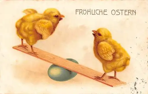 B099 Ostergrüße 1926 Küken spielen auf Wippe balancieren auf Ei Postkarte