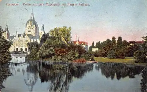 Deutschland Hannover Hannover 1909 Partie aus Maschpark mit Neuem Rathaus Postkarte