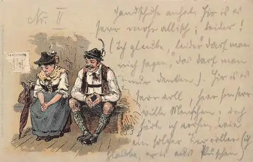 B104 Deutsches Paar in Tracht unter Baum Volkslitho Postkarte