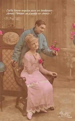 B101 Liebesroman französisches Paar flirtet Rosen Zitat Fotomontage Postkarte