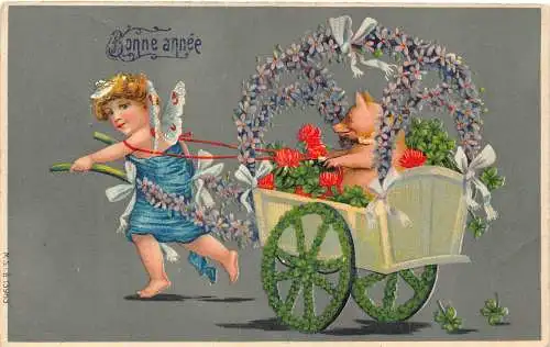 B105 Neujahr 1906 Humanisiertes Schwein reitet Fee gezogener Wagen Kleeblätter Postkarte