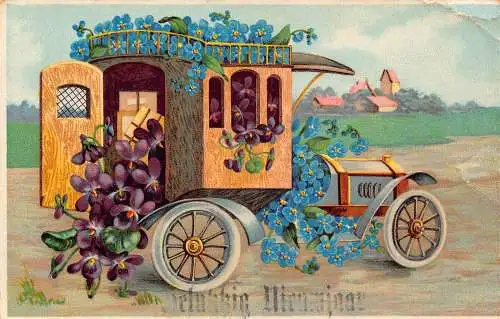 B105 Neujahrsgrüße 1915 Auto gefüllt mit Vergissmeinnicht und Veilchen Postkarte