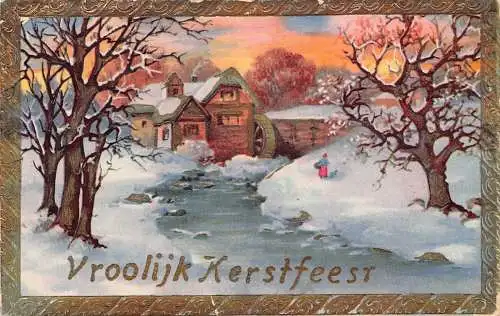 B105 Vroolijk Kerstfeesr 1937 Schneelandschaft Wassermühle Fluss Vintage Postkarte