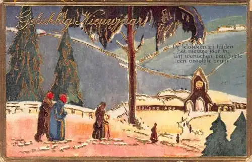 B105 Neujahrsgrüße 1934 Menschen auf dem Weg zur Kirche im Schnee Goldene Postkarte
