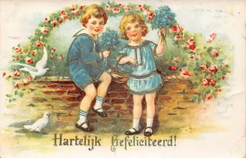 B105 Glückwünsche 1929 Kinder Vergissmeinnicht Rosen Tauben Vögel Postkarte