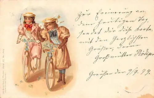 B104 Frühjahr 1899 Damen auf Fahrrad Vergissmeinnicht Deko Brief Postkarte