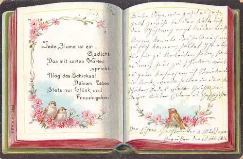 B104 Frühjahr 1901 Offenes Buch Freundschaft Gedicht Schwalbe Vögel Blumen Postkarte