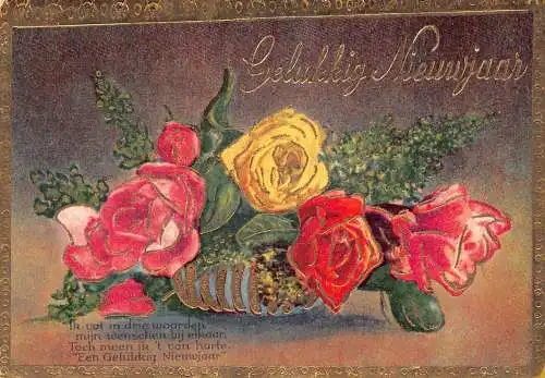 B105 Neujahrsgrüße Rosen Blumen und Blätter Deko Postkarte