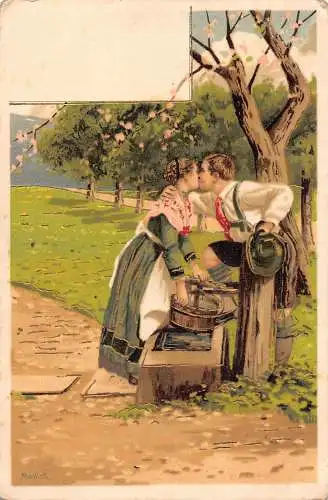 B104 Liebesroman Bauer deutsches Paar küsst sich bei Well Art Vintage Postkarte