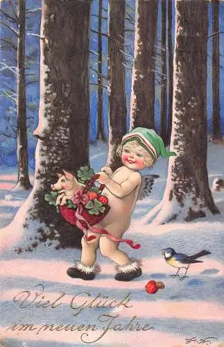 B099 Neujahrsgrüße 1926 Akt Cherub Flügel Schwein Pilze Kleeblatt Postkarte