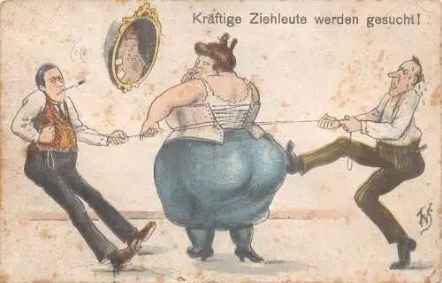 B105 Comic Humor Männer versuchen Korsett anzuziehen auf sehr dicke Dame Zigarette Postkarte
