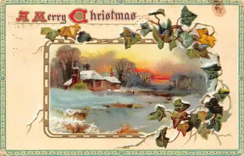 B105 A Frohe Weihnachten 1911 Schneelandschaft Passepartout Blätter Prägepostkarte