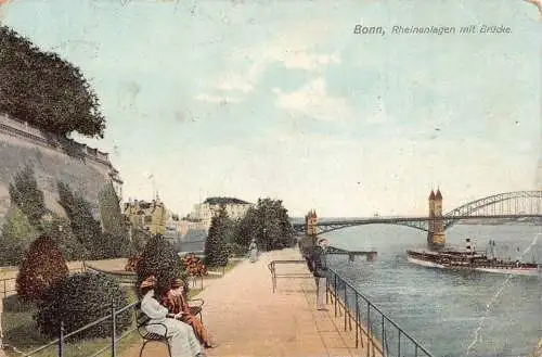 Deutschland Bonn a Rh 1912 Rheinenlagen mit Brücke Bank Dampfschiff Vintage Postkarte