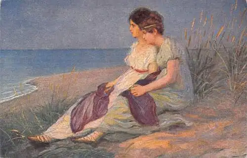 B106 Kunst von Adolf Hering 1920 Mädchen am Strand beobachten Sonnenuntergang Vintage Postkarte