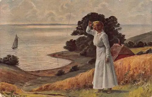 B106 Dänische Kunst von einer Bjorch Frau wartet auf Matrose Ehemann Boot Postkarte