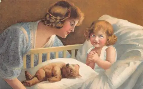 B106 Kunst 1937 Mutter legt Baby Mädchen schlafen Teddybär Vintage Postkarte