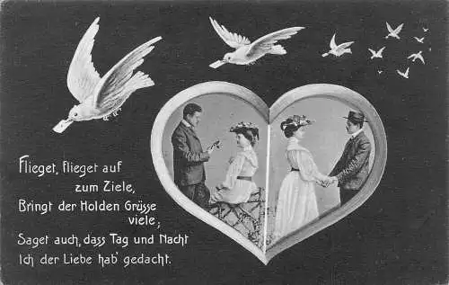 B106 Liebe Romantik Tauben mit Brief fliegendes Paar Herz Gedicht Vintage Postkarte