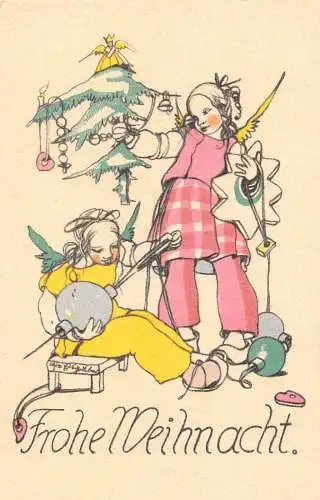 B100 Weihnachtsgrüße Kunst Mädchen Engel Nähen Kugeln für Tannenbaum Postkarte
