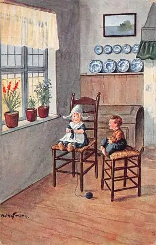 B100 Brautschau 1916 Kinder auf hohen Stühlen Strickkunst von Hoffmann Postkarte