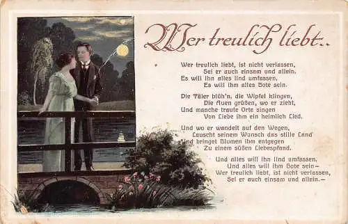 B104 Liebesroman Paar flirtet auf Brücke bei Mondschein Gedicht Postkarte