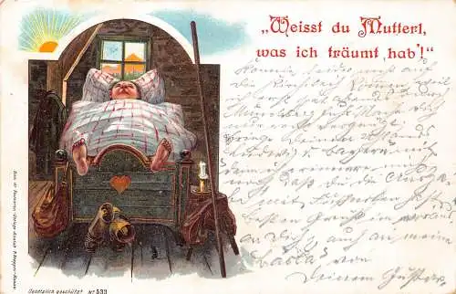 B104 Comic Humor 1899 Mann im Bett mit Füßen draußen Schuhe Mäuse Sonne Litho Postkarte