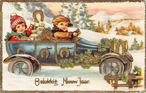 B106 Neujahrsgrüße 1932 Kinder Auto Kleeblatt Hufeisen Geldtüten Postkarte